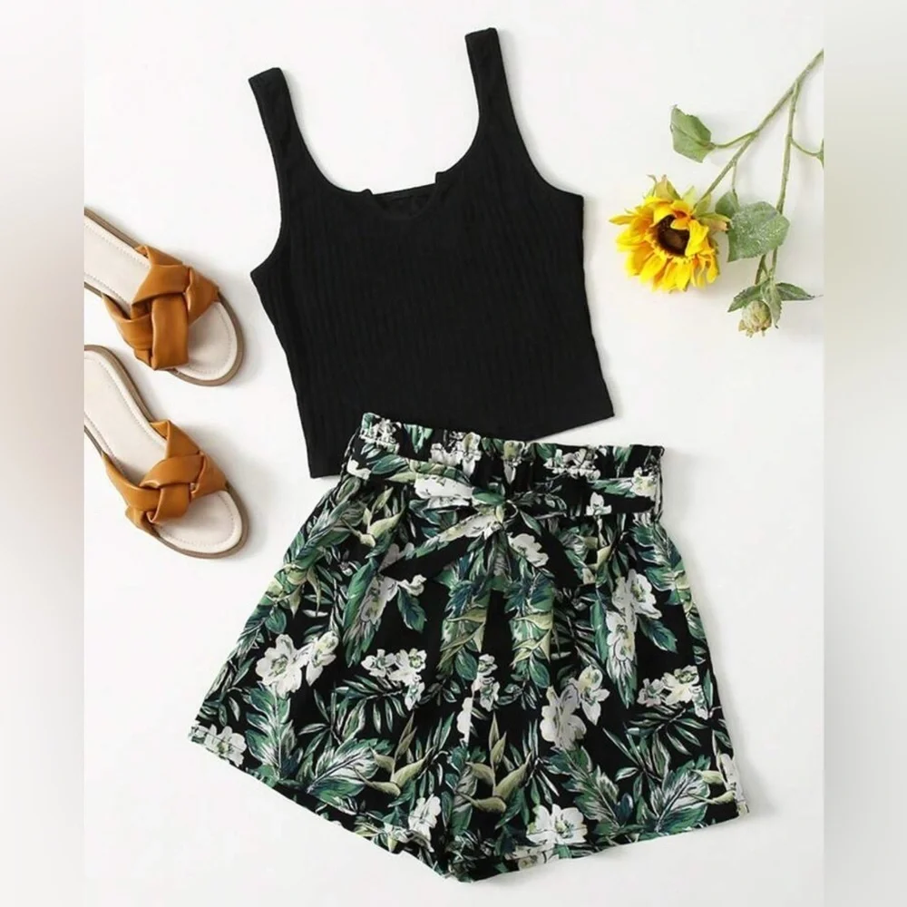 Teen Girls Rib Knit Tank Top & Tropical Print Shorts Set
